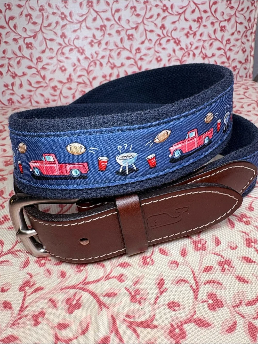 Vineyard Vines Navy Football Tailgate Ribbon Belt with Red Truck Motif